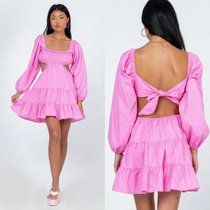 Princess Polly Pink Mini Dress Long Sleeve Cut Out Back Tie Tiered US 2